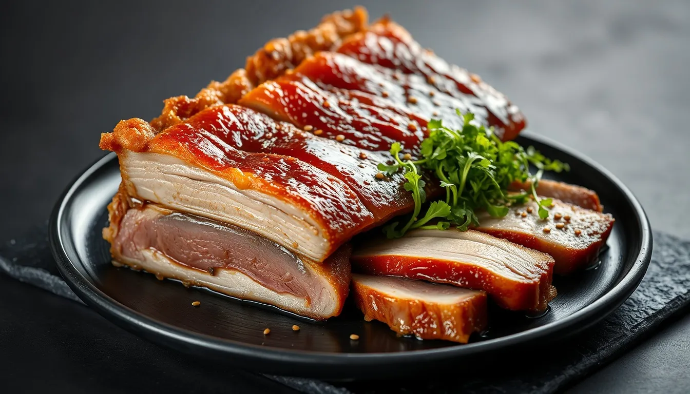 Honey glazed pork belly on a dark ceramic platter with perfectly puffed crispy crackling skin, mahogany honey-soy glaze, and microgreens garnish