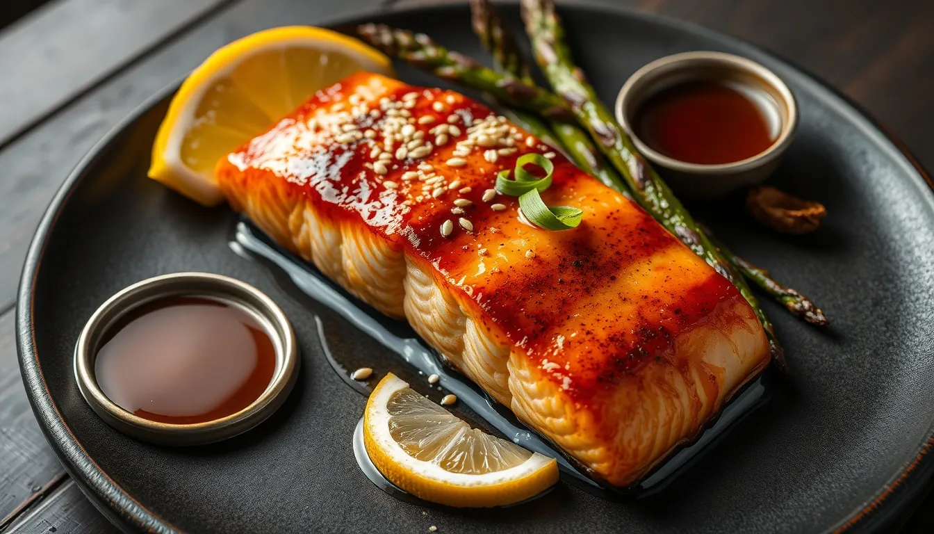 Honey glazed salmon fillet with caramelized amber glaze on dark ceramic plate with asparagus