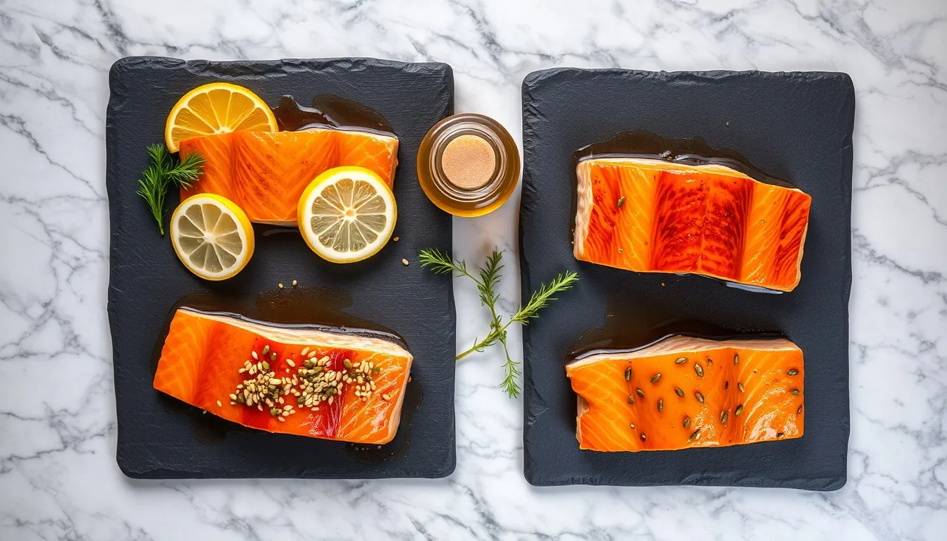 Four honey glazed salmon fillet variations on dark slate boards — soy-ginger, lemon-dill, spicy chipotle, and Dijon variations