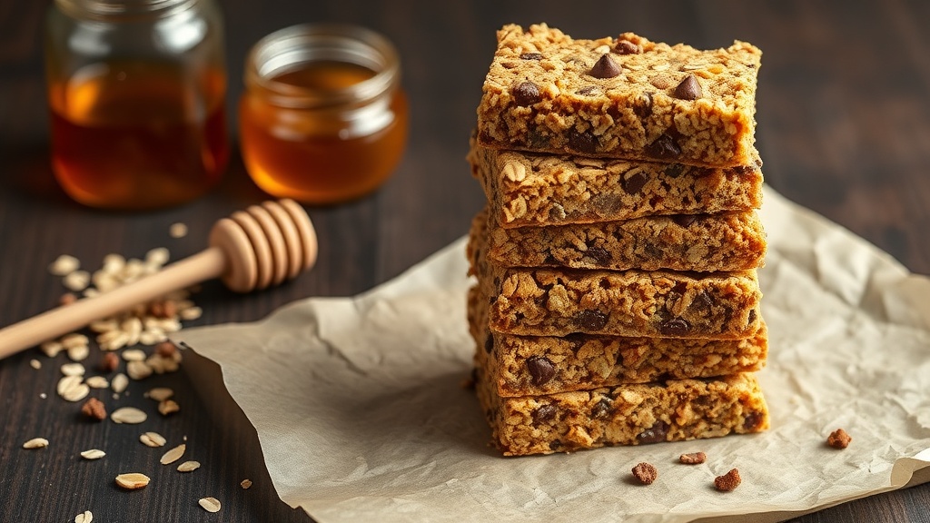 Stack of five homemade honey granola bars on parchment paper showing golden oats, chocolate chips, and honey-amber interior