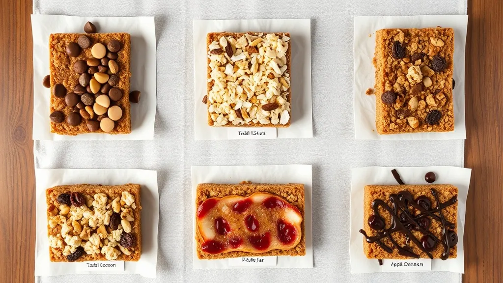 Six honey granola bar flavor variations including chocolate chip, trail mix, tropical coconut, PB&J, apple cinnamon, and dark chocolate cherry