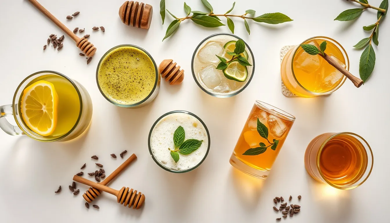 Five honey green tea recipe variations — classic mug, matcha latte, iced tea with mint, ginger tea, and concentrate shot