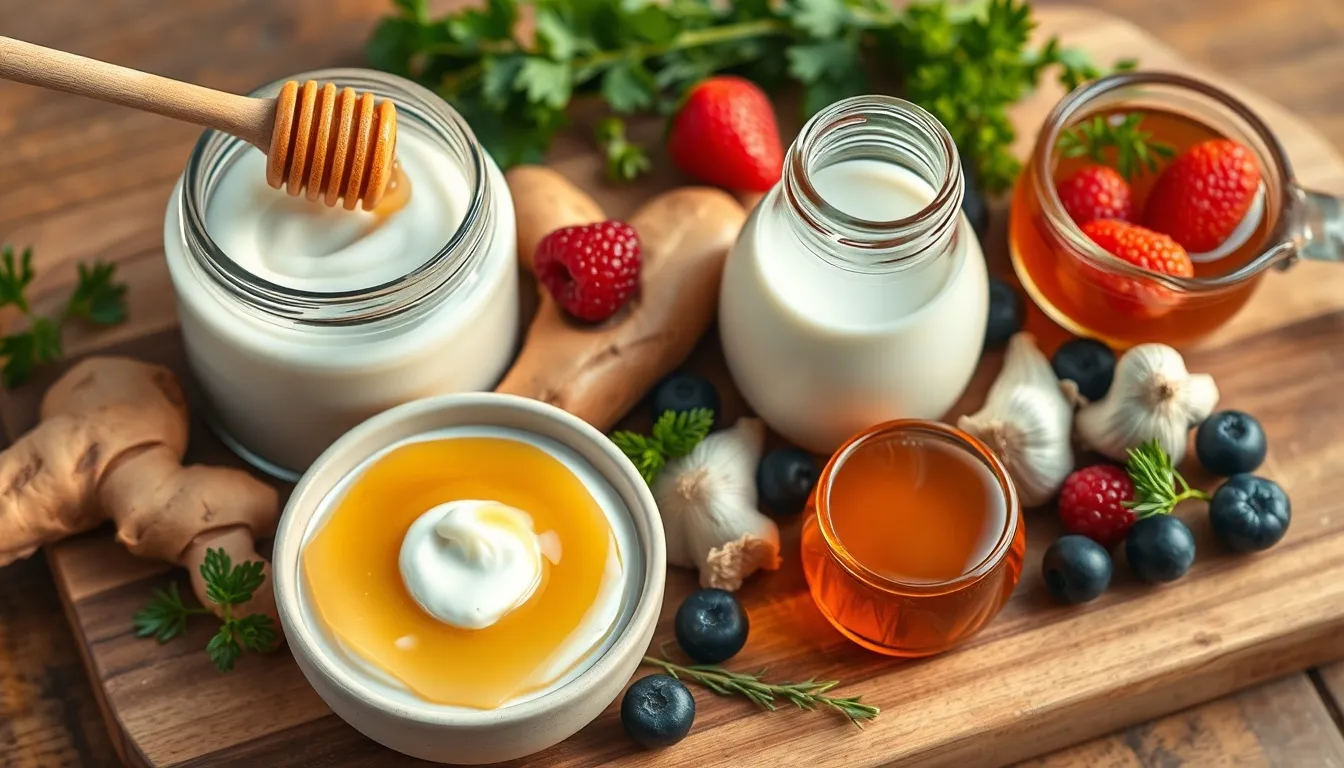 Gut-healthy foods synergy: raw honey with honeycomb, probiotic yogurt, fresh ginger, kefir, fermented garlic in honey, and mixed berries on a warm wooden board