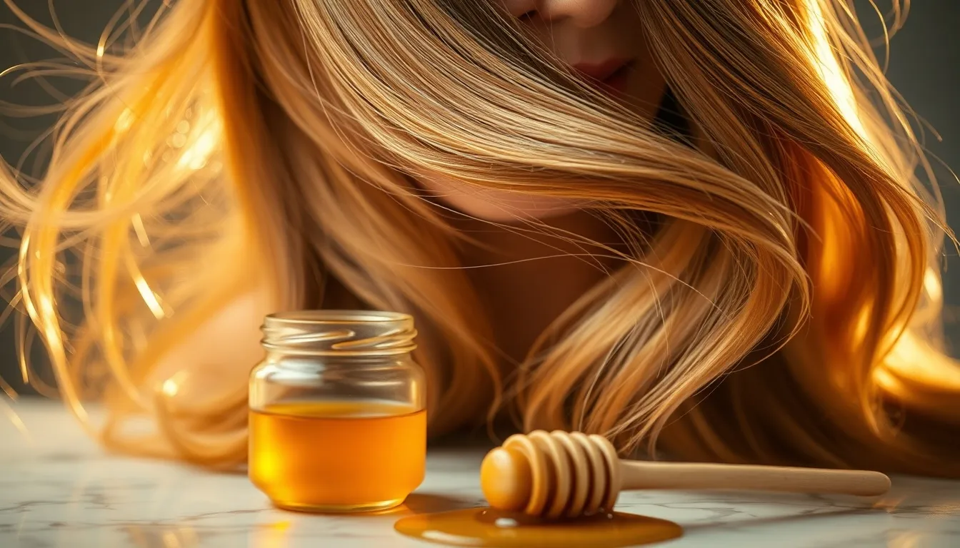 Close-up of healthy shiny hair catching warm golden light, with honey jar and dipper in soft-focus foreground