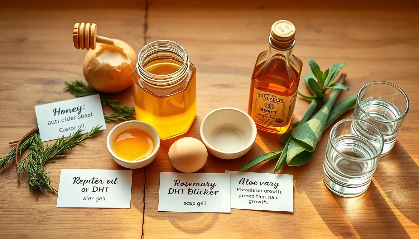 Honey hair growth treatment ingredients flat lay: raw honey, castor oil, rosemary sprigs, aloe vera, coconut oil, and apple cider vinegar on warm wooden surface