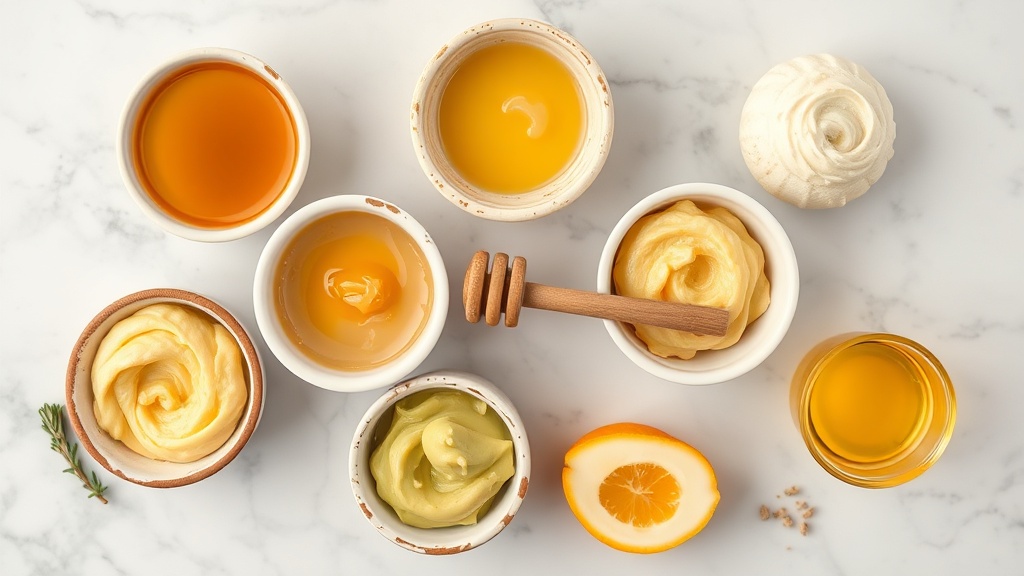 Five honey hair mask recipes in ceramic bowls: golden honey-olive oil mask, creamy coconut milk curl mask, egg protein treatment, avocado deep conditioning mask, and apple cider vinegar clarifying mask