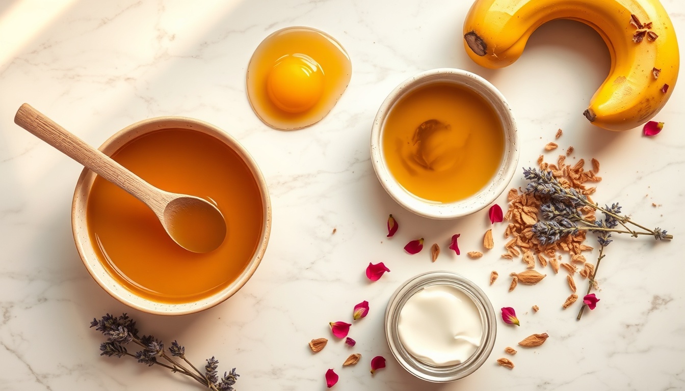 Flat lay of honey hair mask ingredients on white marble: raw honey jar with dipper, olive oil bowl, coconut milk can, halved avocado, cracked egg, apple cider vinegar bottle, and fresh rosemary sprigs