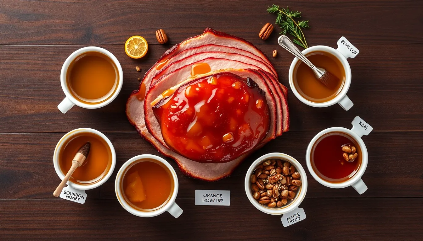 Five honey ham glaze variations in small ramekins: classic honey-dijon, bourbon honey, orange-clove, Asian ginger honey, and maple honey with pecans arranged around a glazed ham slice