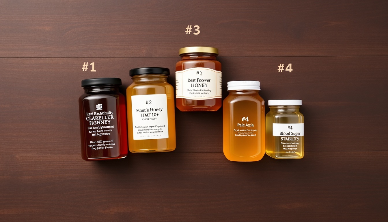 Best honey types for hangover recovery ranked — buckwheat, Manuka, wildflower, and acacia honey jars with anti-inflammatory and blood sugar benefit cards on dark walnut wood