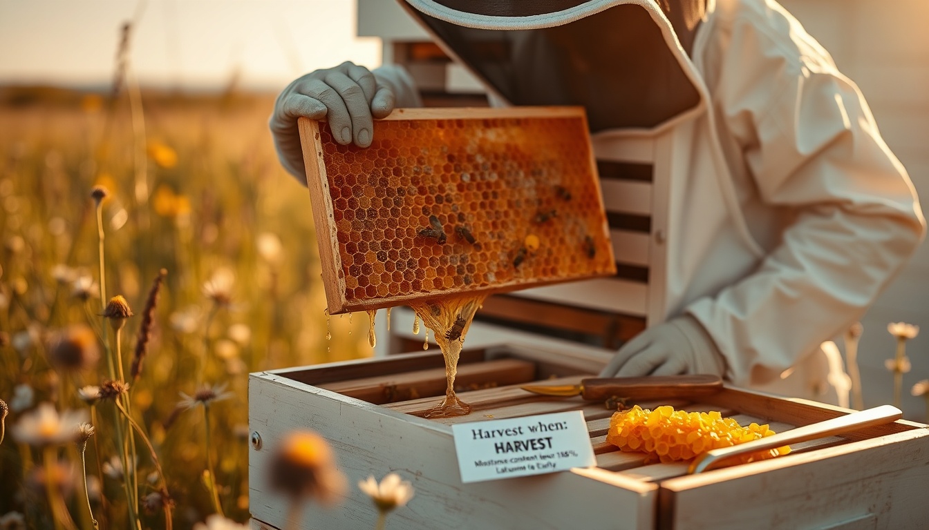 Beekeeper in white protective suit lifting a golden honeycomb frame dripping with capped honey from a Langstroth hive surrounded by wildflowers on a sunny summer harvest day