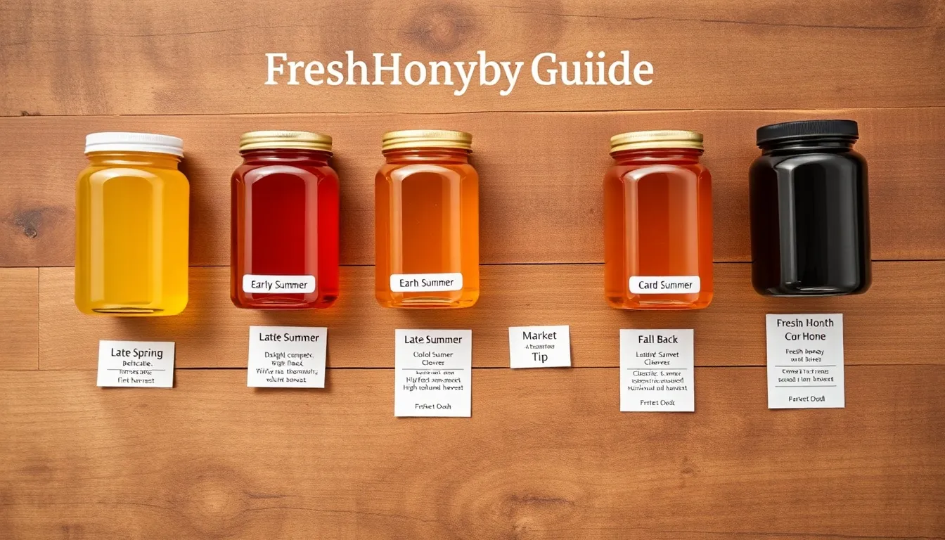 Seasonal honey buying guide: five honey jars ranging from pale golden spring acacia to near-black fall buckwheat, each labeled with harvest season, flavor profile, and best-buy timing