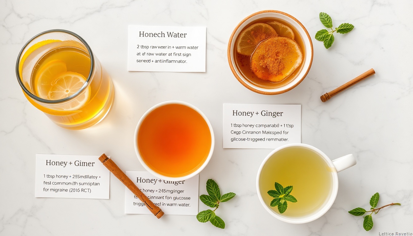 Five honey headache remedies — honey warm water, honey-ginger tea, honey-cinnamon drink, honey peppermint tea, and preventive morning honey with instruction cards on white marble