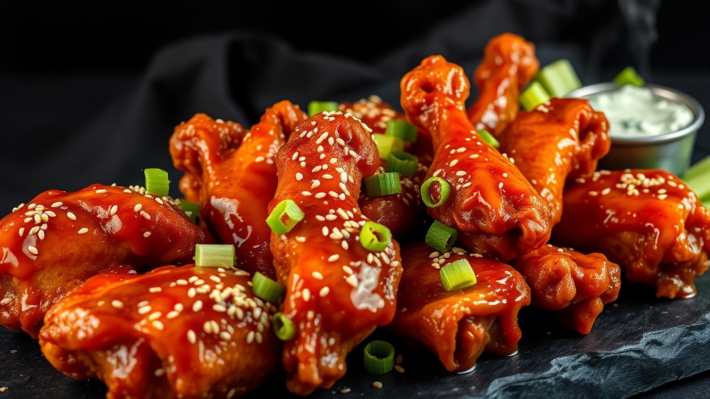 Platter of crispy honey hot wings with lacquered deep-amber caramelized glaze, sesame seeds, green onions, and blue cheese dipping sauce