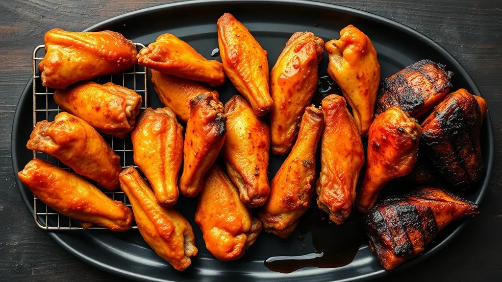 Four sections of a dark serving platter showing honey hot wings cooked four ways: oven-baked, air fryer, charcoal-grilled, and smoked