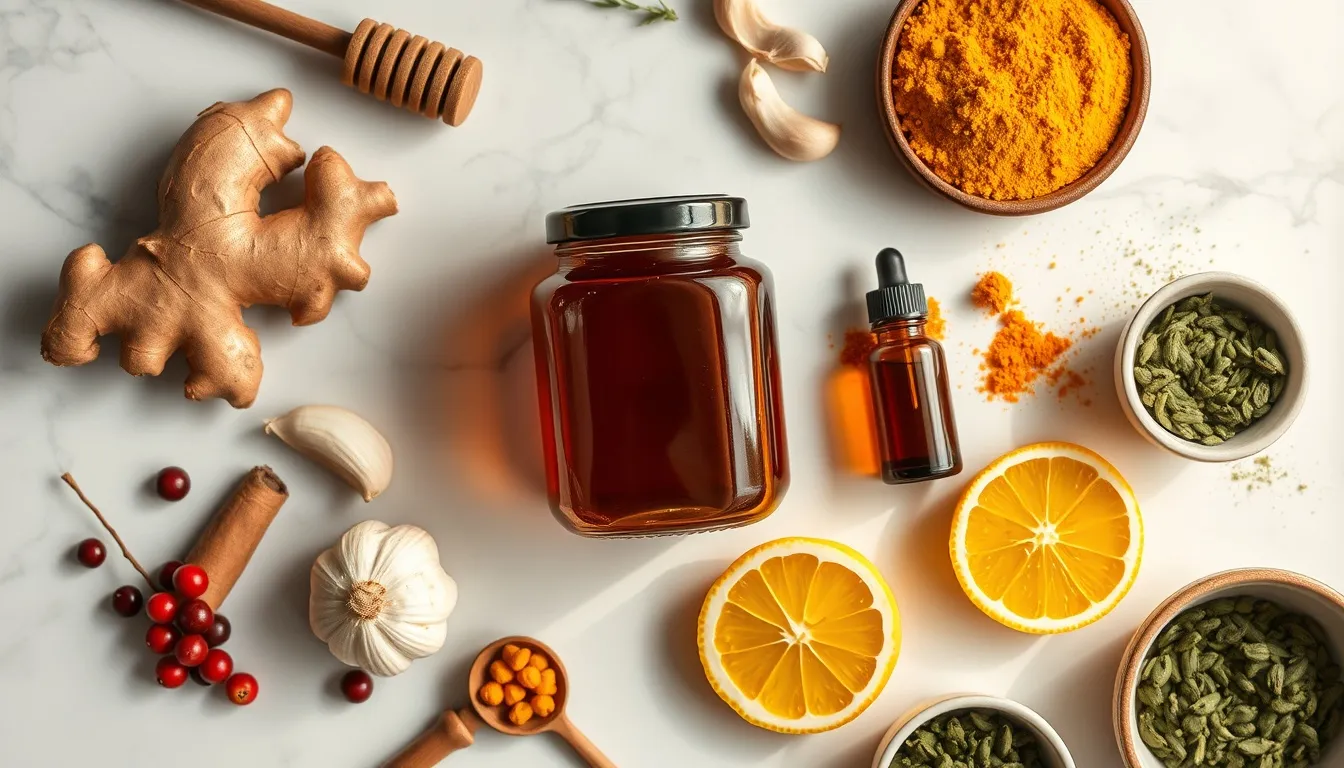 Immune-supporting foods flat lay featuring dark buckwheat honey, ginger, turmeric, garlic, elderberries, bee pollen, and propolis tincture