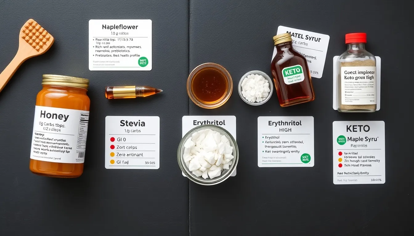Keto sweeteners comparison on dark slate — honey, stevia, erythritol, maple syrup, agave, and coconut sugar ranked by keto-friendliness with carb counts and keto-approved or not-keto badges