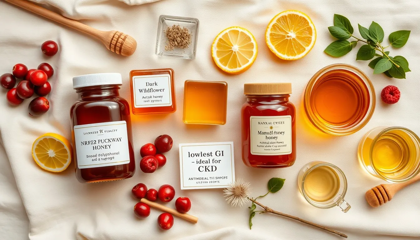 Honey varieties ranked for kidney health support including buckwheat, acacia, manuka, tualang, and wildflower honey with kidney-friendly foods
