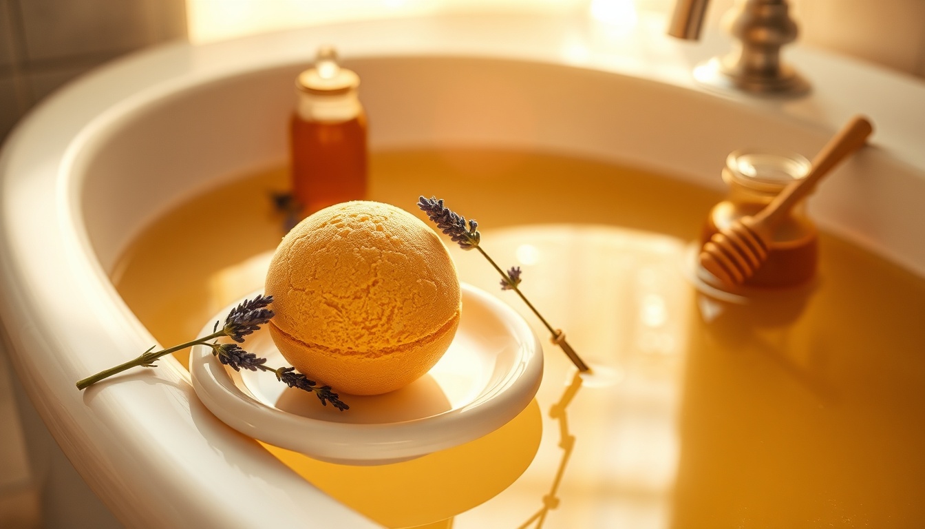 Golden honey lavender bath bomb beside a soaking tub filled with amber-tinted water and floating lavender sprigs, with a honey jar and dipper on the tub edge
