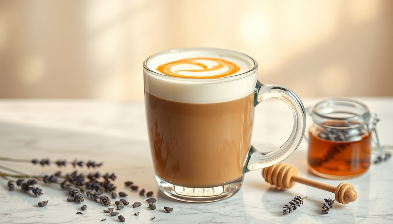 Dreamy hot honey lavender latte in a clear glass mug with layered espresso and steamed milk, honey drizzle spiral on foam, and fresh lavender sprigs alongside
