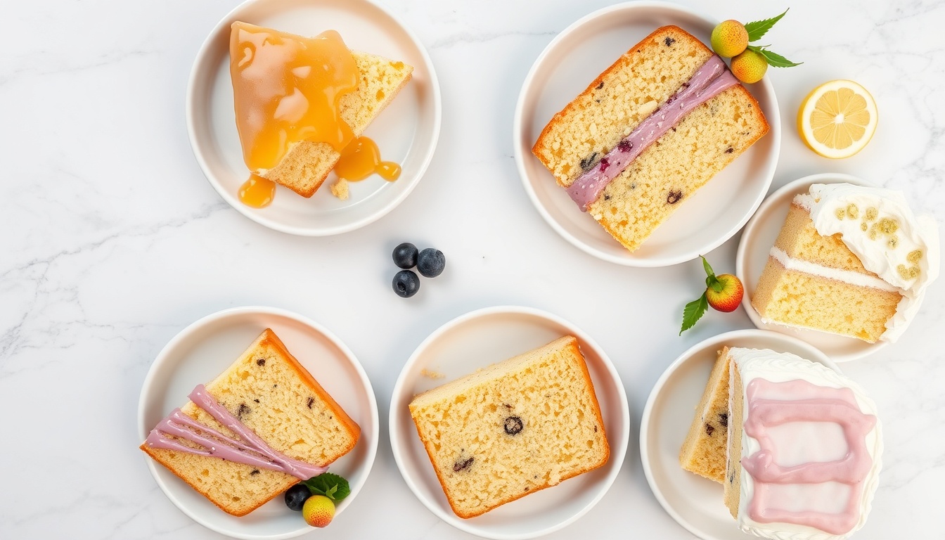 Five honey lemon cake variations — classic glaze, poppy seed, blueberry, lavender, and layer cake — as individual slices on dessert plates