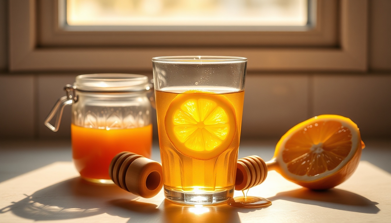 Warm honey lemon morning ritual with honey swirling into glass water, fresh lemon, and honey jar in sunlight