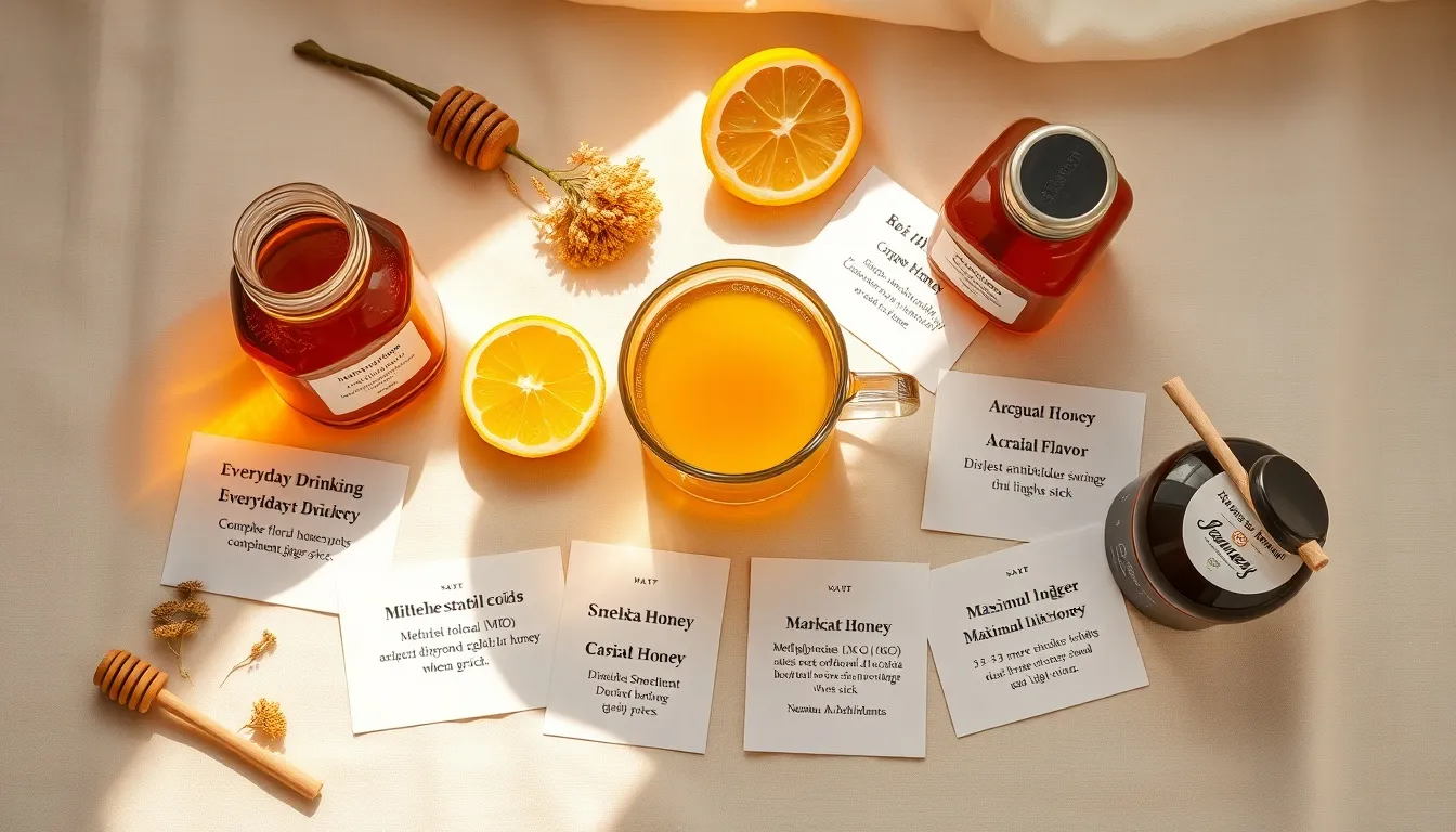 Best honey types for honey lemon ginger tea — wildflower, Manuka, acacia, buckwheat, and lavender honey jars with use-case cards arranged around a central glass mug of tea