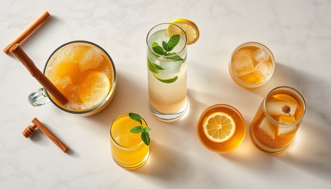 Five honey and lemon drink variations: hot tea, iced lemonade, morning tonic shot, sparkling water, and chamomile tea