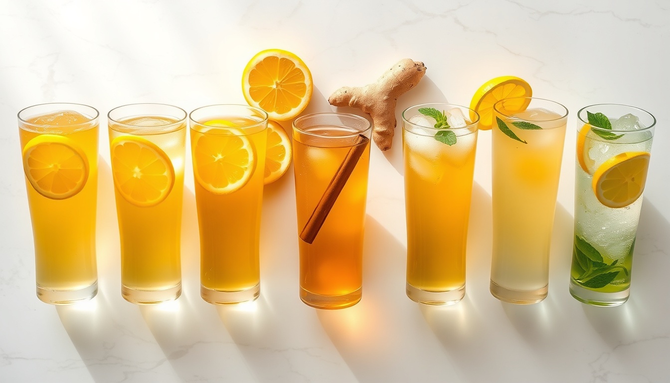 Five honey lemon water boost variations in tall clear glasses — classic, ginger, cinnamon, turmeric golden, and mint refresh versions on a white marble surface