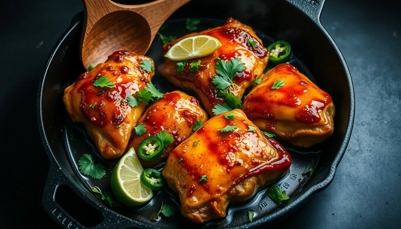 Honey lime glazed chicken thighs sizzling in a cast iron skillet with caramelized amber glaze, lime wedges, jalapeños, and fresh cilantro