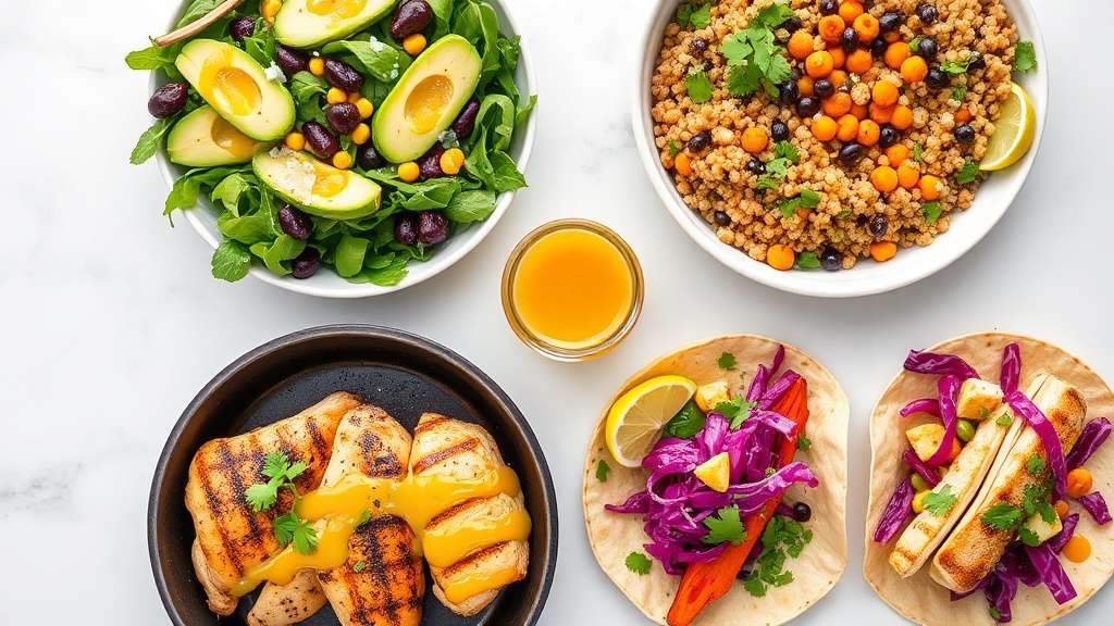 Four dishes all dressed with golden honey lime dressing: green salad with avocado, grain bowl, grilled chicken, and fish tacos with a jar of dressing as centerpiece