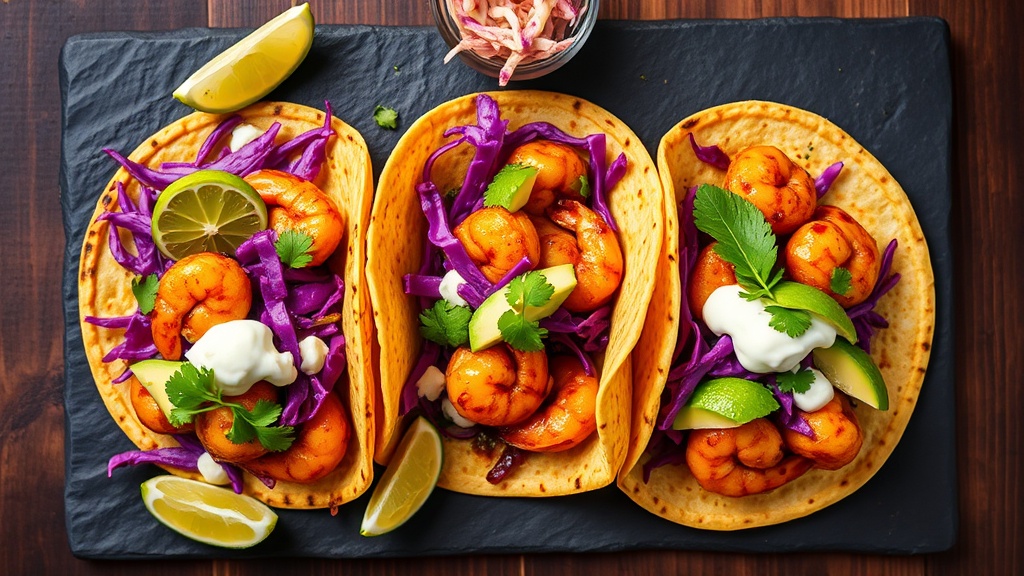 Three honey lime shrimp tacos assembled in charred corn tortillas with avocado, purple slaw, and cilantro on dark slate