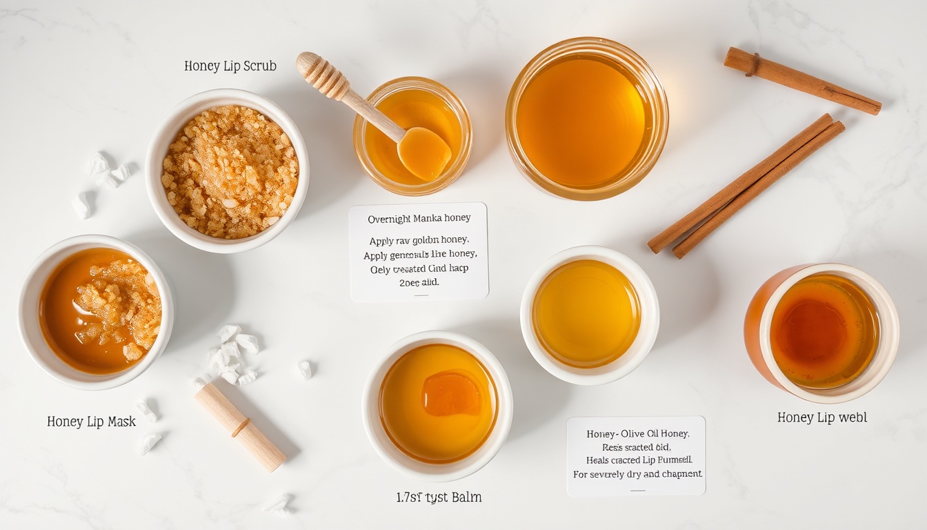 Five DIY honey lip treatments — honey lip scrub, overnight mask, olive oil healing balm, cinnamon plumper, and beeswax-shea lip balm in ceramic ramekins on white marble