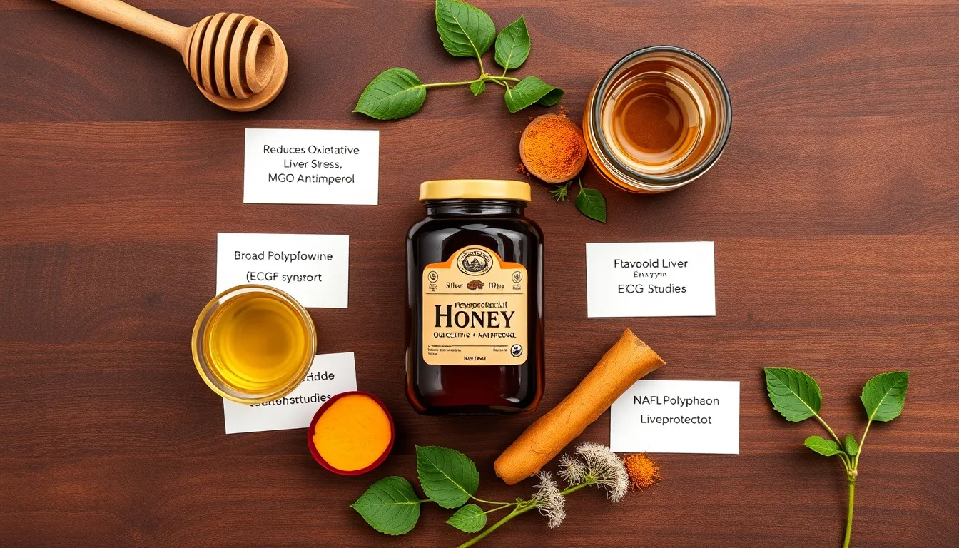 Buckwheat, Manuka, wildflower honey with green tea, beets, turmeric on dark walnut — hepatoprotective flavonoids
