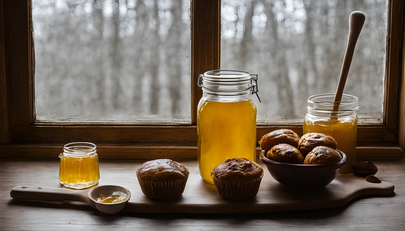 Muffins on a wooden board beside glass jars of golden honey and a wooden spoon holding honey