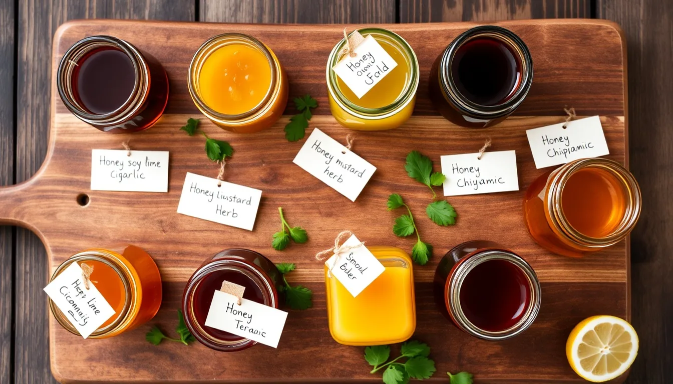 Eight honey marinade variations in glass jars with herbs, citrus, and spices