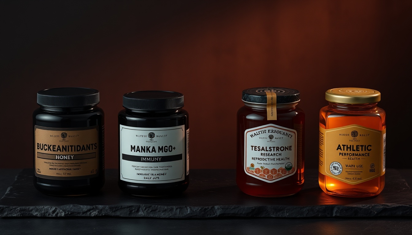 Four honey varieties for men's health — buckwheat, manuka, tualang, and wildflower ranked by benefit category