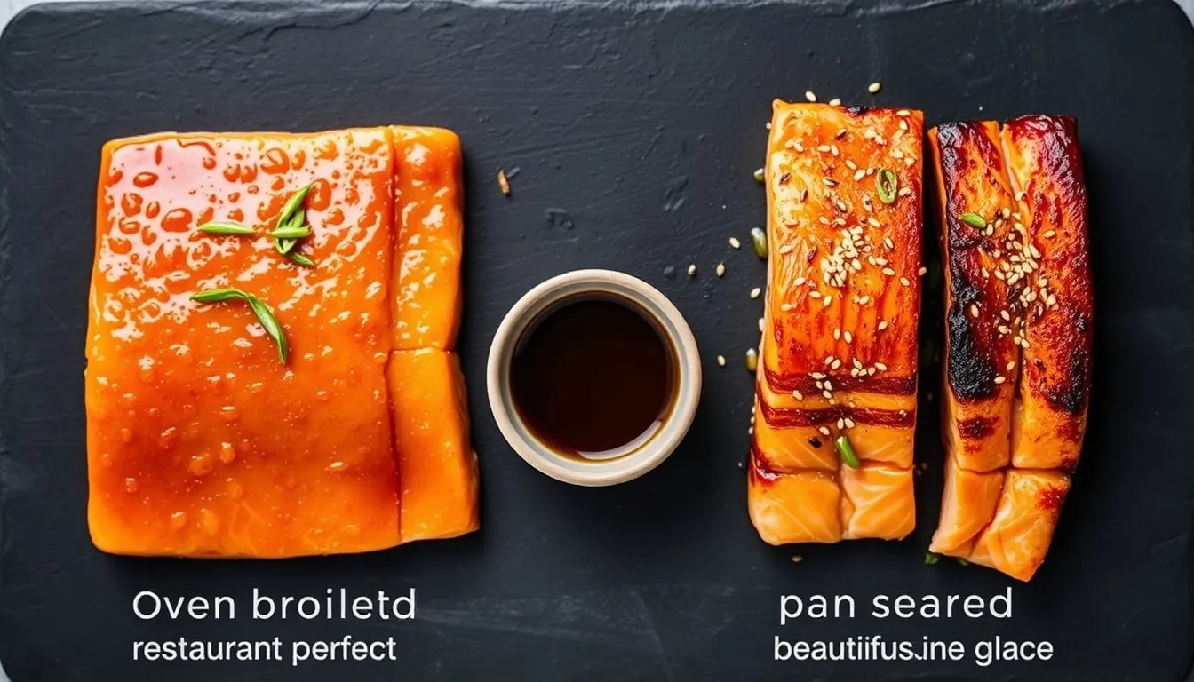 Two honey miso salmon cooking methods side by side on dark slate: uniformly caramelized oven-broiled salmon on the left and golden pan-seared salmon with visible sear marks on the right