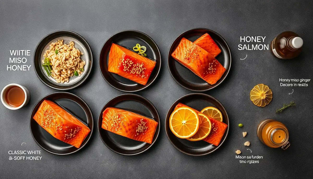 Four honey miso salmon flavor variations on dark ceramic plates: classic white miso honey, spicy miso, honey miso ginger, and honey miso citrus with orange slices
