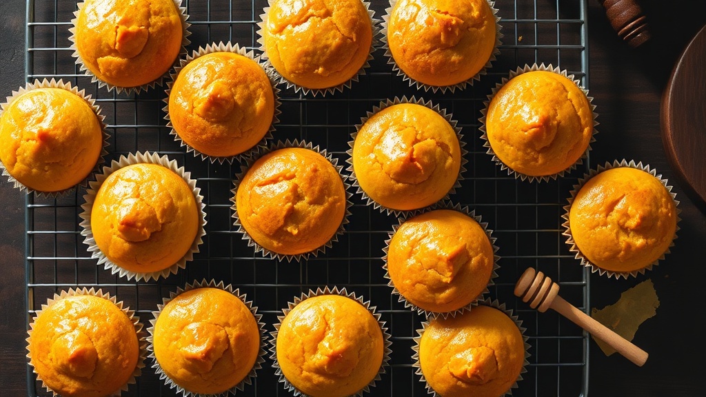 Freshly baked honey muffins with golden domed tops cooling on a wire rack