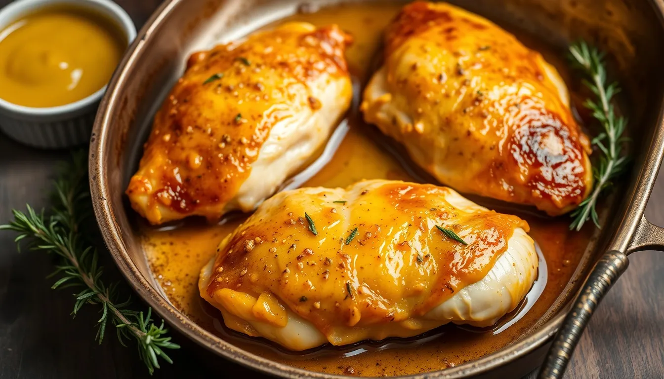 Baked honey mustard chicken breasts with caramelized golden Dijon glaze, fresh thyme, and caramelized pan juices in a baking dish