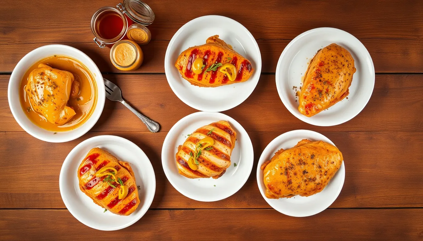 Five honey mustard chicken flavor variations: classic Dijon, whole grain mustard, spicy honey mustard, lemon-herb, and honey mustard ranch
