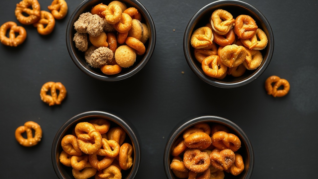 Five dark ceramic bowls of honey mustard pretzel variations: everything bagel, ranch, spicy cayenne, herb Parmesan, and cinnamon sugar