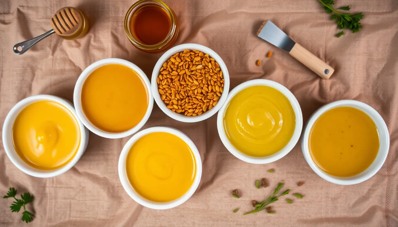 Five honey mustard sauce variations in white ceramic bowls — classic, whole grain, spicy sriracha, Dijon herb, and vinaigrette