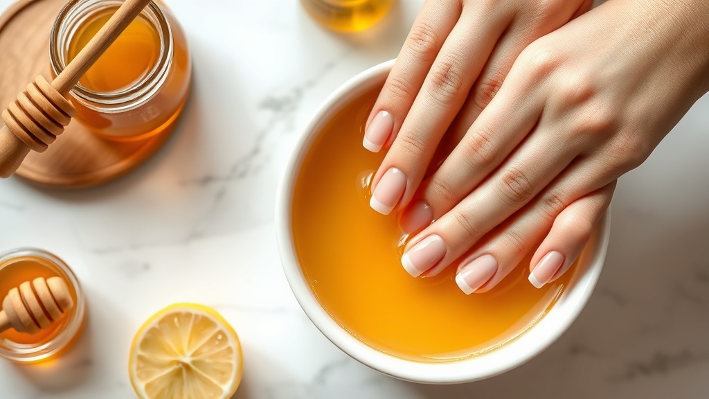 Elegant female hands soaking in a warm honey nail treatment in a white ceramic bowl, with a jar of raw honey, lemon half, and vitamin E oil arranged beside it on white marble