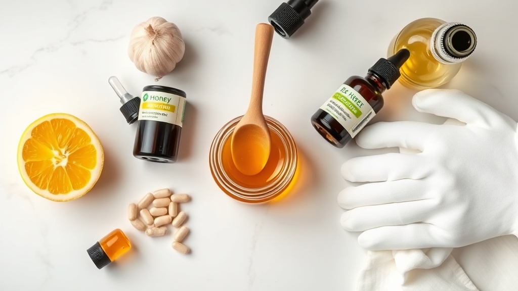 Flat lay of honey nail treatment ingredients on white marble: raw honey jar, halved lemon, garlic clove, tea tree essential oil, castor oil, vitamin E capsules, olive oil, nail brush, and cotton gloves