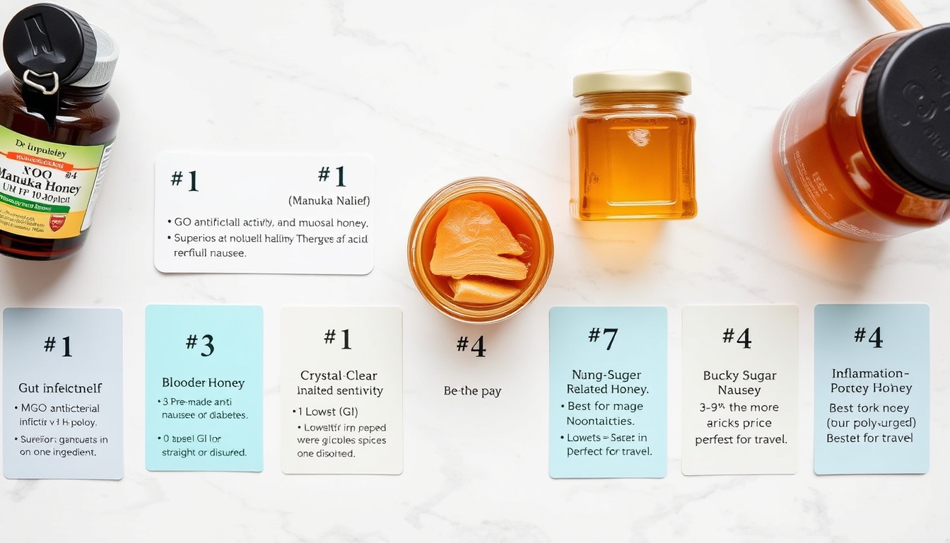 Best honey types for nausea relief ranked — Manuka, ginger-infused honey, acacia, buckwheat, and raw wildflower honey with benefit cards on light marble