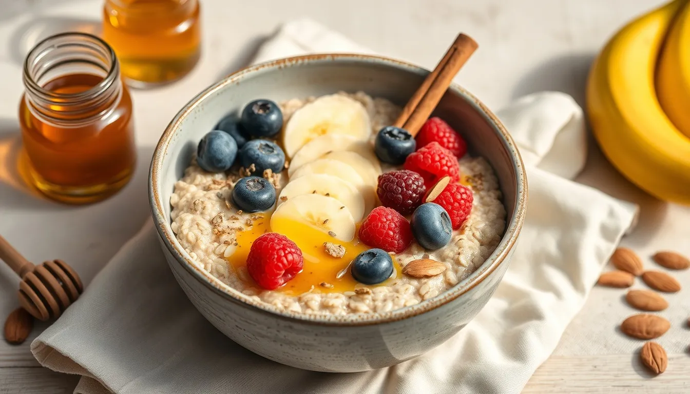Perfect honey oatmeal breakfast bowl with golden honey drizzle, fresh berries, banana, and almonds
