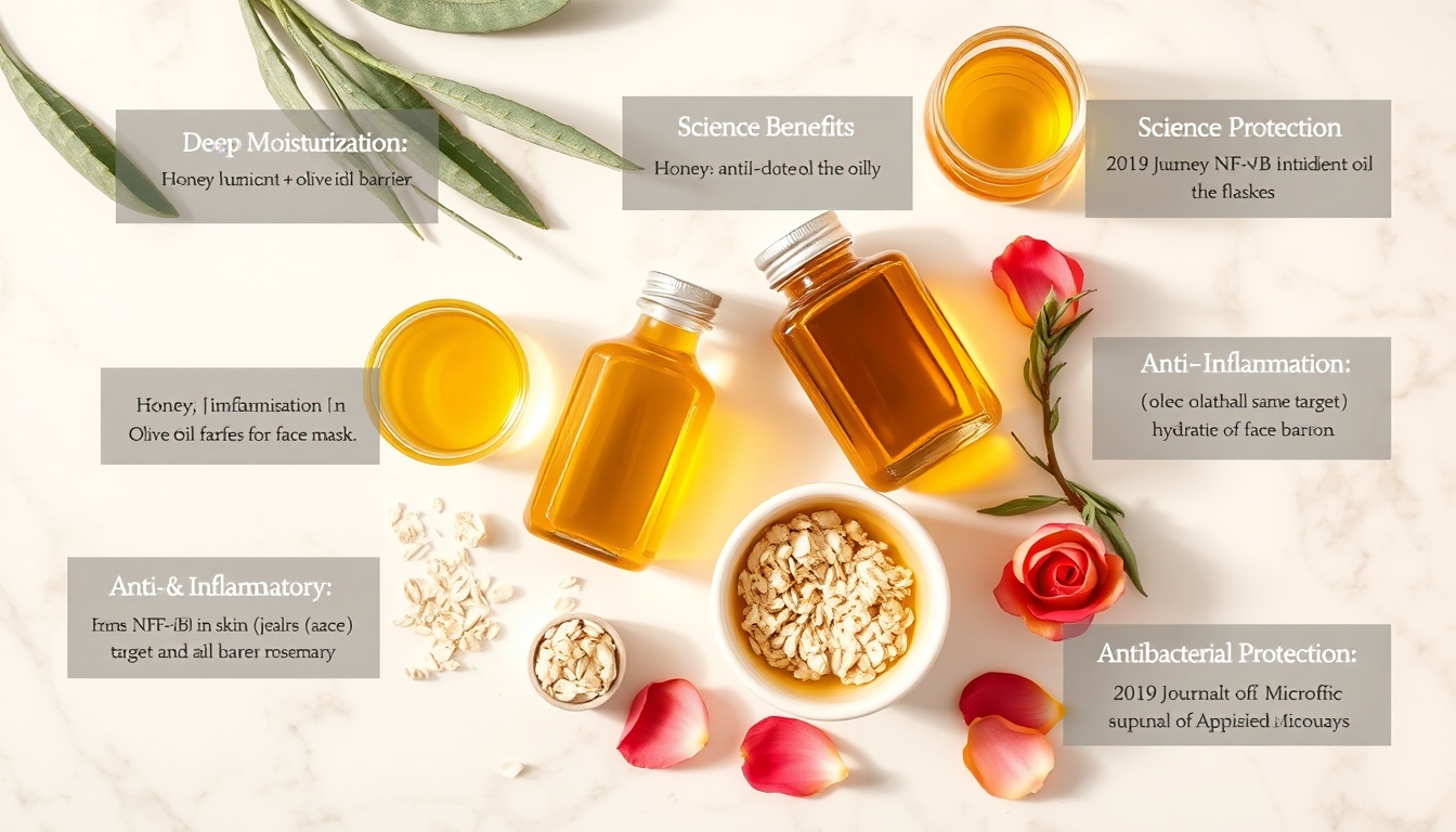 Honey and olive oil skincare: raw honey, EVOO, oat, aloe, rosemary, rose petals on white marble