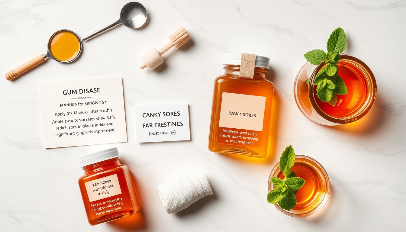 Honey therapeutic oral health uses: Manuka honey for gum disease, raw honey for canker sore relief, honey dressings for dry socket, and honey-water rinse — dental wellness flat lay