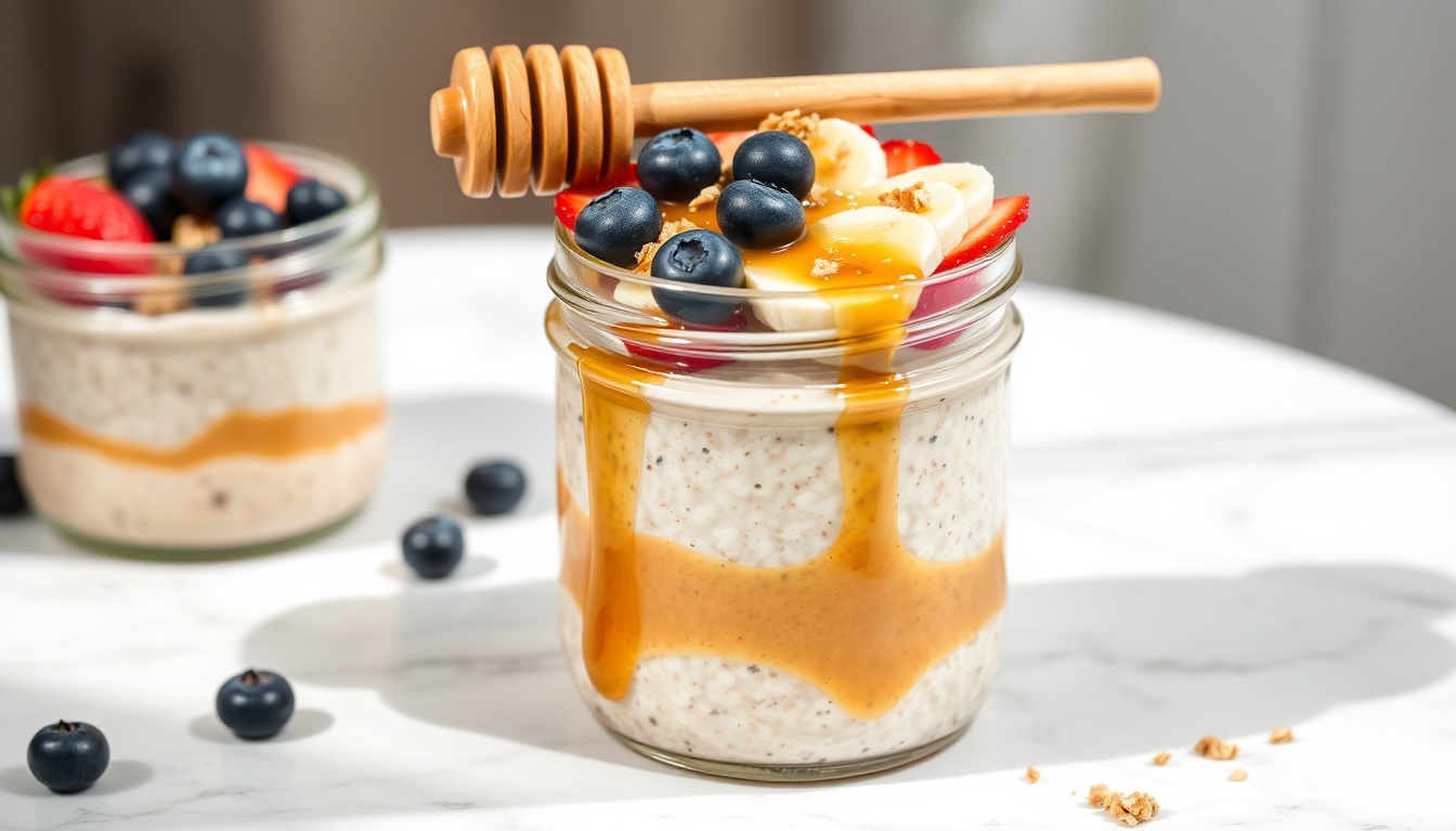 Mason jar of creamy classic honey overnight oats with golden honey drizzle, fresh berries, banana slices, and granola on a white marble surface